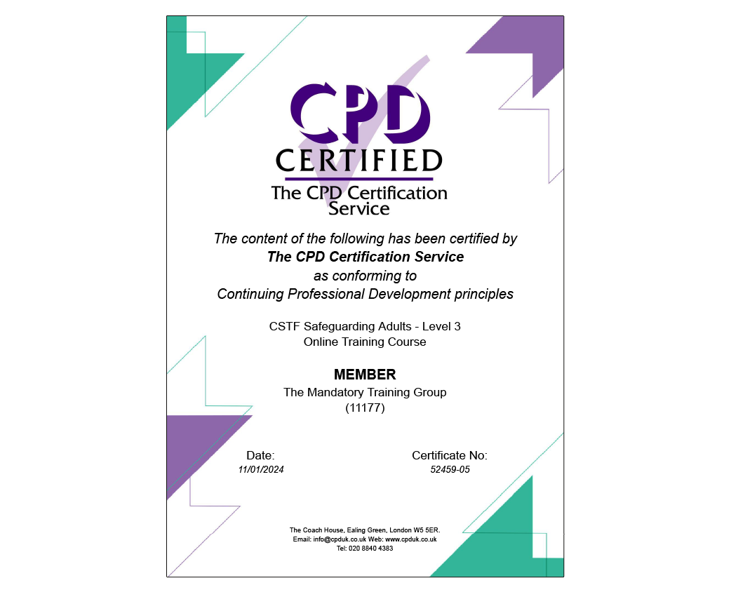 Accredited CSTF Safeguarding Adults Level 3 - Online Course - ComplyPlus LMS™ - The Mandatory Training Group UK -