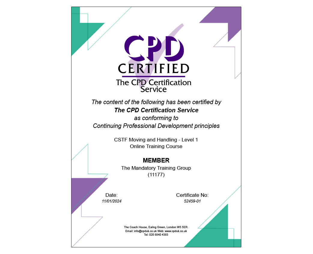 Accredited CSTF Moving and Handling (Manual Handling Objects) - Level 1 - Online Course - ComplyPlus LMS™ - The Mandatory Training Group UK -